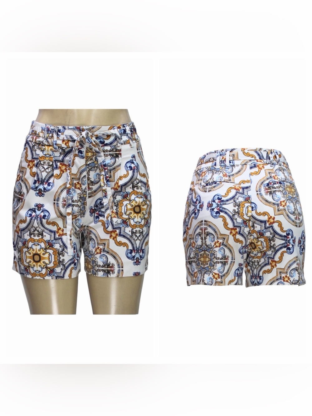 High-Waist Multicolored Tile-Print Tie-Front Classic 5” Shorts 4